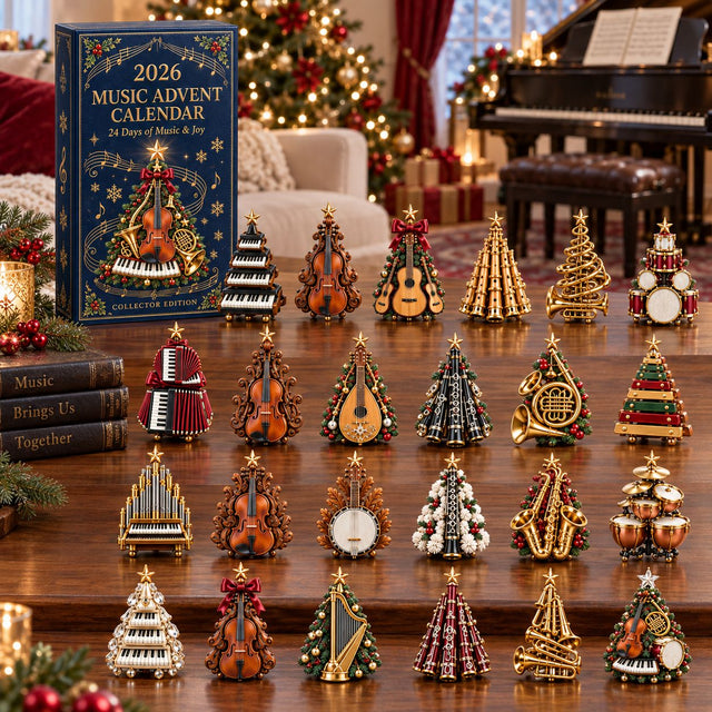 Music Advent Calendar 2026 with 24 instrument ornaments and navy collector box