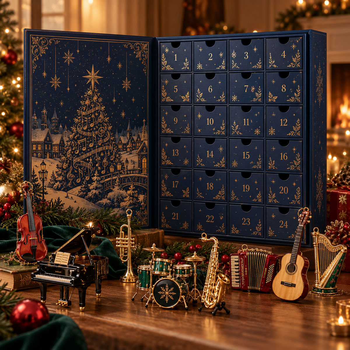 Öppen mörkblå julkalender med 24 numrerade fack och instrumentminiatyrer