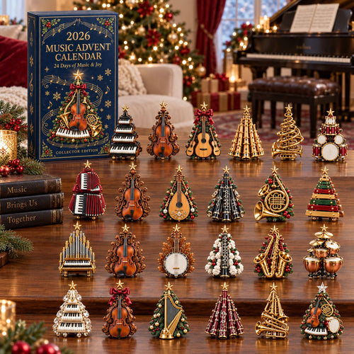 Music Advent Calendar 2026 with 24 instrument ornaments and navy collector box