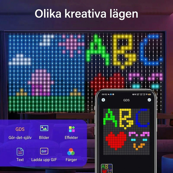 Färgglada motiv, bokstäver och figurer på Fjorvani Ljusgardin